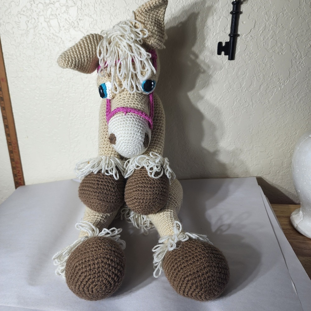 Handmade Crochet Horse Plush Large Stuffed Animal Tan Brown XOXO 27in